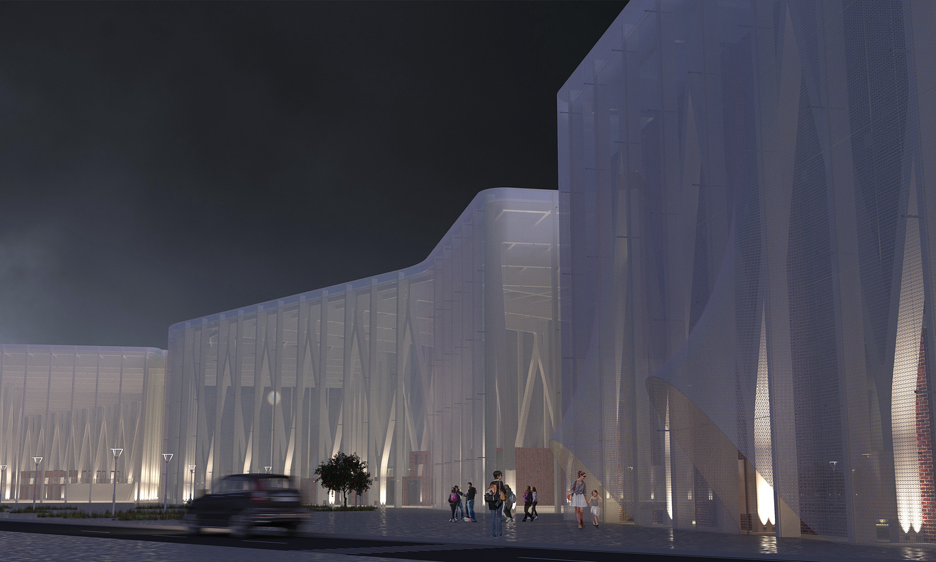Denis Caunov terminal facade at night